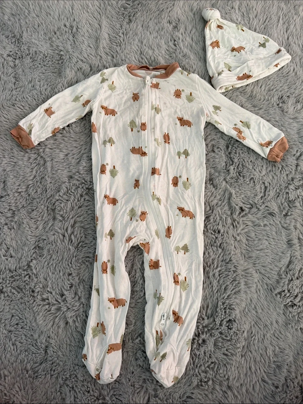 Bamboo - Cream Buffalo-Print Footed One-Piece with Hat